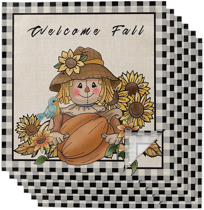 Autumn Pumpkin Scarecrow Cloth Napkins Set of 6 - Washable Dinner Napkins Reusable Table Napkins for Home Party Weeding Dining Table Setting Decoration,Farmhouse Fall Sunflower Black Plaid Oversized by Unknown