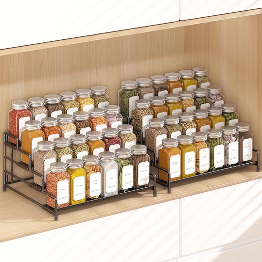 RUILALIFE 4-Tier-Spice-Rack-Organizer-for-Cabinet, Adjustable Depth Spice Holder Shelf For Countertop Pantry Cupboard, Metal Tiered Seasoning Organizer,Display Shelf Riser (Black-2 Pack) by RUILALIFE