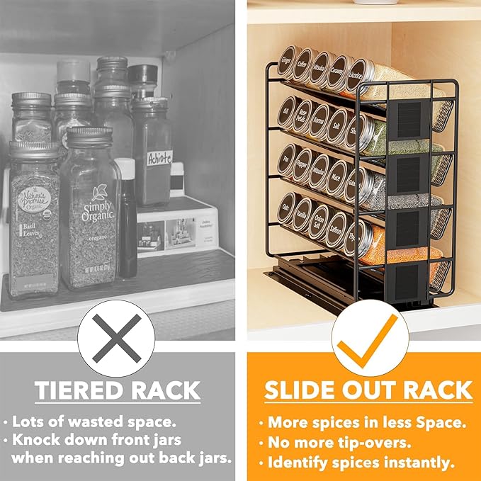 SpaceAid Pull Out Spice Rack Organizer with 20 Jars, Heavy Duty Slide Out Seasoning Organizer for Kitchen Cabinets, with 801 Labels and Chalk Marker, Left Facing - Image 2