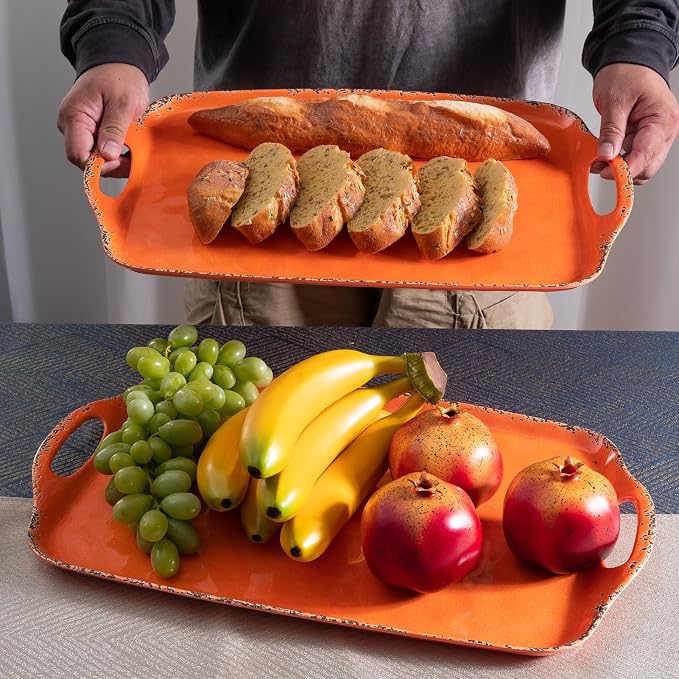 Melamine Serving Tray with Handles, 19“ x 12" Vintage Rustic Large Rectangular Melamine Serving Platter for Serving Food, Breakfast Tray, Set of 2, Dishwasher Safe, Orange - Image 3