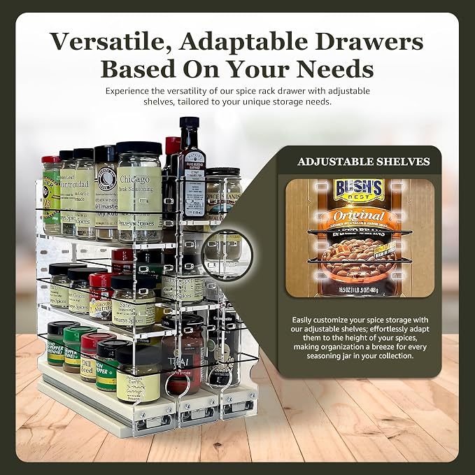 Adjustable Spice Rack Drawer - Pull Out Cabinet Organizer - Kitchen and Pantry Organizers and Storage - Spice Caddy - 3 Drawers, 5 Upper Tier (6.9" W x 11.25" H x 10.6", Cream) - Image 3
