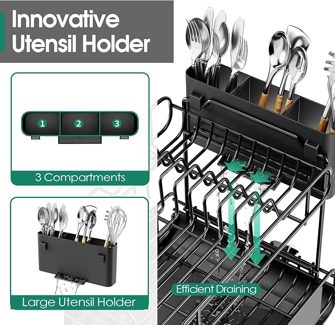 Urackify Dish Drying Rack for Kitchen Counter, Expandable 2 Tier Dish Rack, Large Capacity Dish Drainer with Drainboard Multifunctional Dish Strainer with Removable Cutlery Holder Black | 2 Tier. Expands from 16.9 to 26.6 inches to fit more dishes, wit... - Image 6