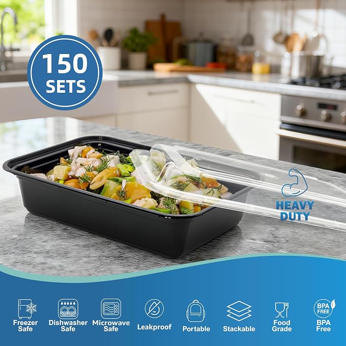 38oz Food Storage Containers with Lids,150 Sets Disposable Meal Prep Boxes | Single Serving Meal Prep Boxes,Leak-Proof, Microwave Freezer Safe,Black To-Go Containers For Lunch Portion Control & Catering - Image 3