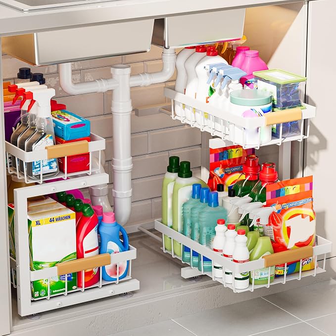 ADBIU 2 Pack Under Sink Organizers and Storage, Height Adjustable 2-Tier Pull Out Cabinet Organizer, Heavy Duty Slide Out Sink Shelf Drawer for Kitchen Bathroom Organization by ADBIU