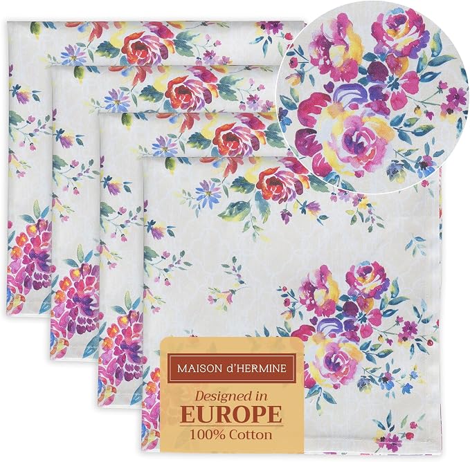 Maison d' Hermine Cloth Napkins Set of 4 Reusable 100% Cotton (20" x 20") | Everyday Square Napkins Cloth Washable Dinner Party Wedding Restaurant Hotel Kitchen Spring Summer - Rose Garden by MaisondHermine