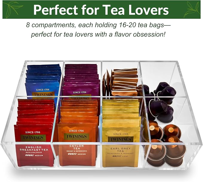 Heavy-Duty Acrylic Tea Bag Organizer, 8-Compartment Storage Box | Perfect Organizer: 8-compartment design keeps tea bags and coffee pods neatly sorted, saving space on your countertop. - Image 5