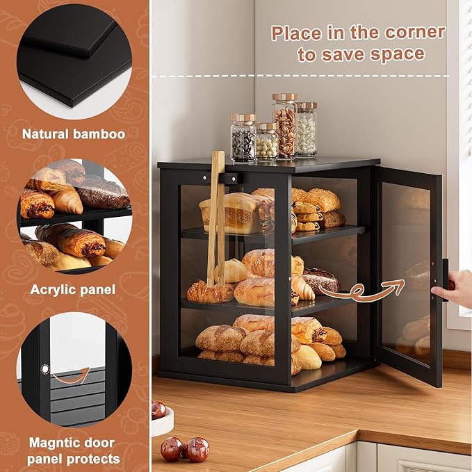 WOWLIVE Bread Box for Kitchen Countertop, 3 Layers Bread Storage Container | Large Bamboo Bread Bin for Homemade Bread with Window, Farmhouse Breadbox Organizer for Kitchen, Cabinet, Black, Extra Large - Image 4