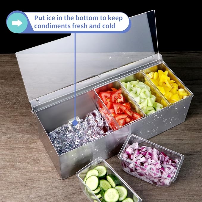 MOLIGOU Chilled Condiment Server, Stainless Steel Chilled Condiment Tray with Lid, Ice Fruit Serving Containers with 5 Removable Compartments - Image 4