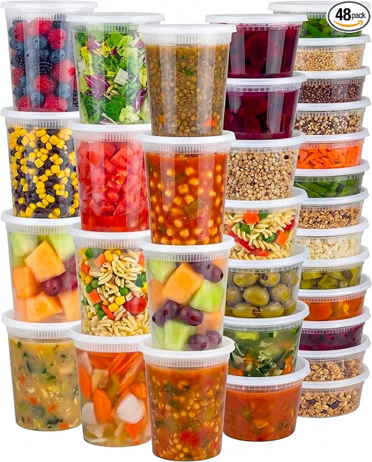 48 Sets Plastic Deli Containers with Lids - 8oz, 16oz Pint & 32oz Quart | Leak Proof, Microwaveable, Dishwasher & Freezer Safe - Plastic Food Storage, Meal Prep, Restaurant & Soup Containers by JoyServe