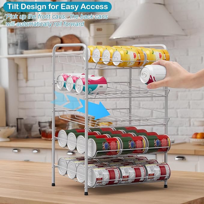 Vrisa Can Organizer for Pantry Canned Food Storage Rack for Kitchen, Silver | 17*11*25 in, Metal, 5 Tier, Holds Up to 60 Cans, , Tilt Design, Freestanding, Soda Can Dispenser, for Pantry/Cabinet - Image 4