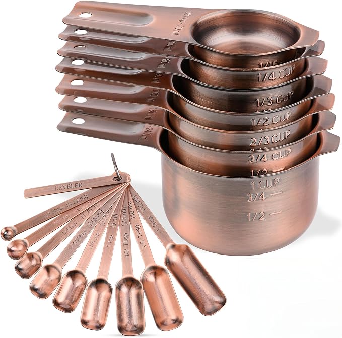 Copper Measuring Cups and Spoons Set 17, 7 Stainless Steel Measuring Cups&9 Long Hanlde Narrow Measuring Spoons for Spice Jar&Leveler, Kitchen Metric&US Measure Cup Spoons for Dry and Liquid by zoyizi