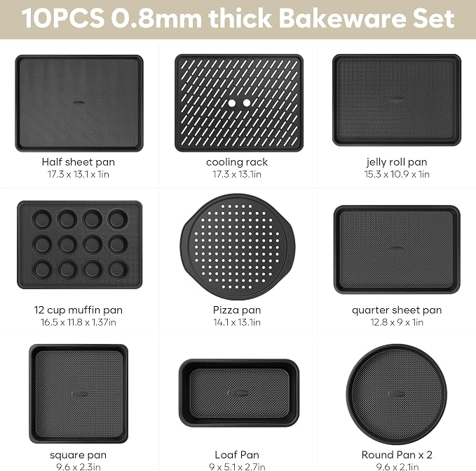 10-Piece Nonstick Bakeware Set, 0.8MM Thick Carbon Steel Baking Pan Set for Oven with Cookie Sheet, Muffin Pan, Pizza Pan, Loaf Pan and Cooling Rack, Stackable Kitchen Baking Set, PFOA/PTFE Free - Image 2