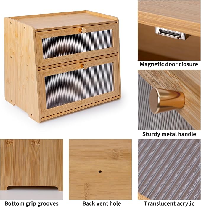 Bamboo Bread Box with golden knobs breadbox for Kitchen Countertop Double Layer Wooden Breadbox Vitamin Bottle Organizer Supplement Bottle Organizer Non-Toxic & Food-Safe (Assembly needed) - Image 3