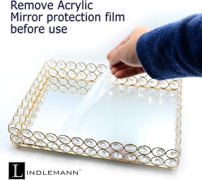 Decorative Tray Metal Mirrored Vanity Trays Crystal Ornate Perfume Jewelry Makeup Dish Dresser Countertop Organizer for Home Decoration & Holiday Party (Rectangle, 12x9in, Gold) - Image 5