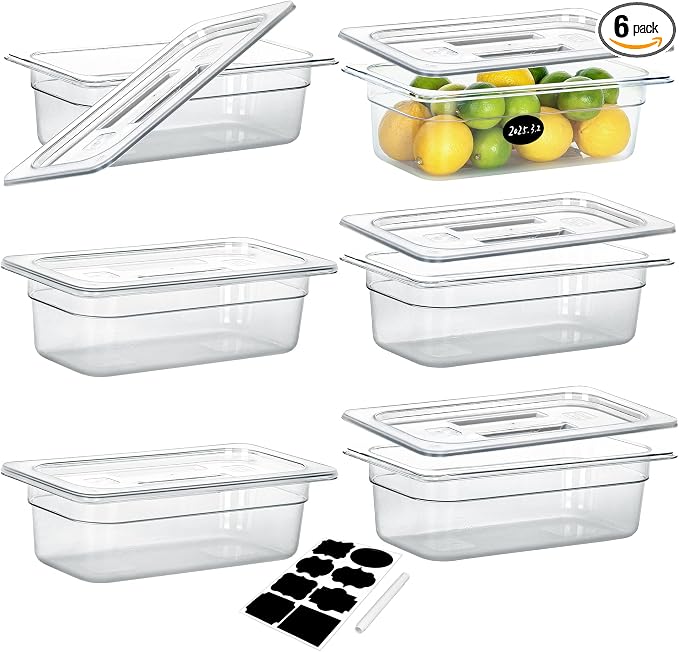 BIEAMA 6 Pack 1/3 Size 4" Deep NSF Polycarbonate Food Pans with Lids | Stackable clear containers for meal prep, buffet, salad bars, commercial & home kitchen; dishwasher safe and freezer safe by BIEAMA