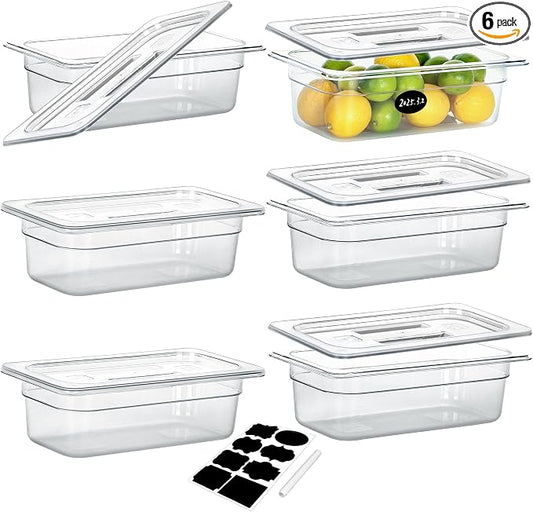 BIEAMA 6 Pack 1/3 Size 4" Deep NSF Polycarbonate Food Pans with Lids | Stackable clear containers for meal prep, buffet, salad bars, commercial & home kitchen; dishwasher safe and freezer safe by BIEAMA