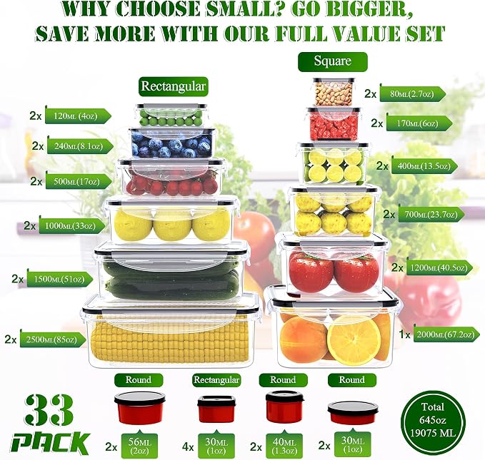 RockBerry 66 Pcs Food Storage Containers with Lids Airtight | Total 19075ML Stackable Kitchen Bowls Set(31 Containers,31 Lids) BPA Free Leak proof Plastic Boxes-Microwave safe - Image 2