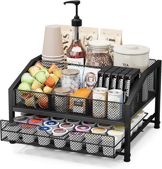 Coffee Bar Organizer - Coffee Station for Countertop, Metal and Wood K Cup holder Storage Basket with Drawer for Syrup, Cups, Stirrer, Condiment, Tea Organizer, Black by Homsorout