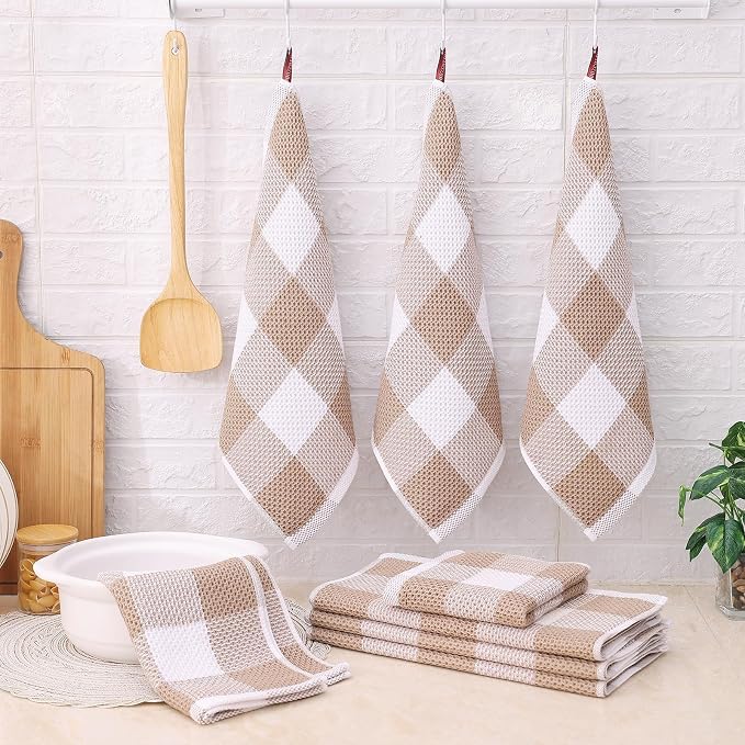 Homaxy Kitchen Towels and Dishcloths Set, Set of 10, White & Khaki | Bulk Cotton Waffle Weave Check Plaid Kitchen Towels, Super Soft and Absorbent Dish Cloths, 12 x 12 and 13 x 28 Inches - Image 6