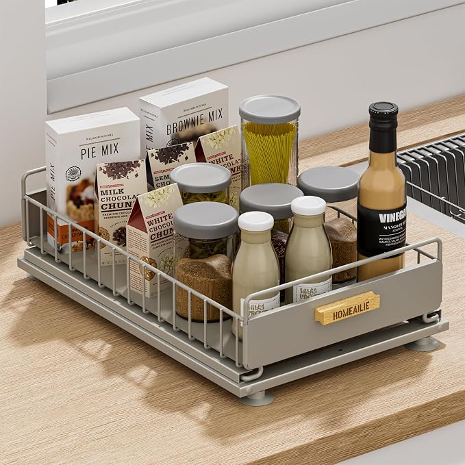 Under Sink Organizer, Single Tier Metal Pull Out Sliding Drawer Shelf for Kitchen Bathroom Cabinet Storage, Sturdy Rack – Gray by HOMEAILIE