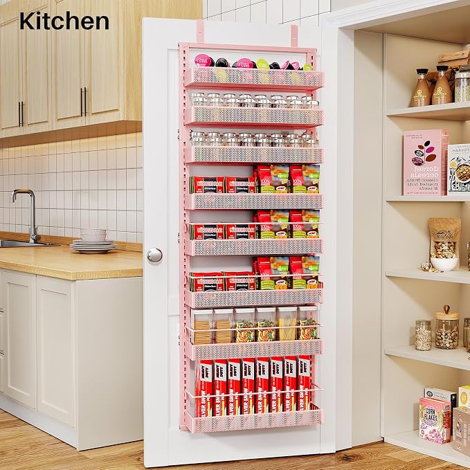 SNTD 8 Tiers Over the Door Organizer, 17" W x 6" D x 69" H, Pink | Pantry Door Organizers and Storage, Height Adjustable Spice Rack, Dense Mesh Baskets, Anti-Swing, Adjustable Door Fastener - Image 8