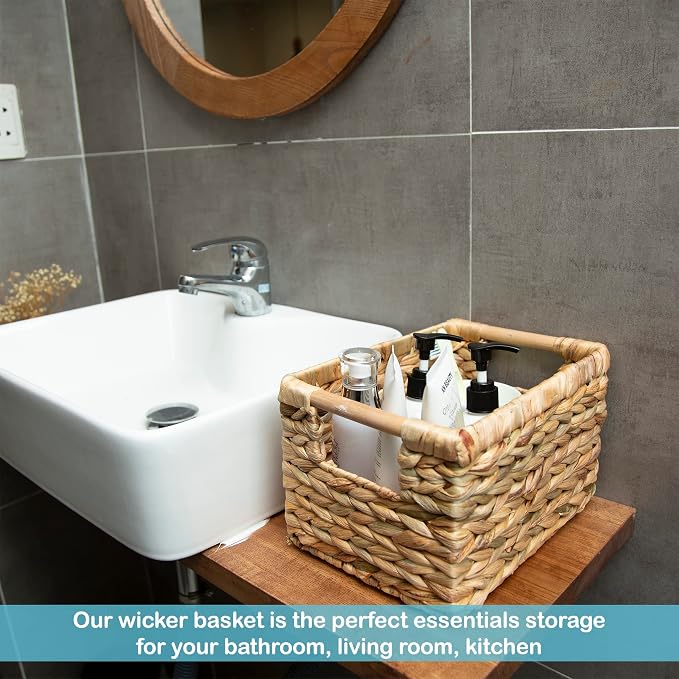 Small Wicker Baskets for Organizing Bathroom, Hyacinth Baskets for Storage, Wicker Storage Basket with Wooden Handle, Decorative Small Basket 10 x 7.5 x 6.3 inches - 3 Pack - Image 5