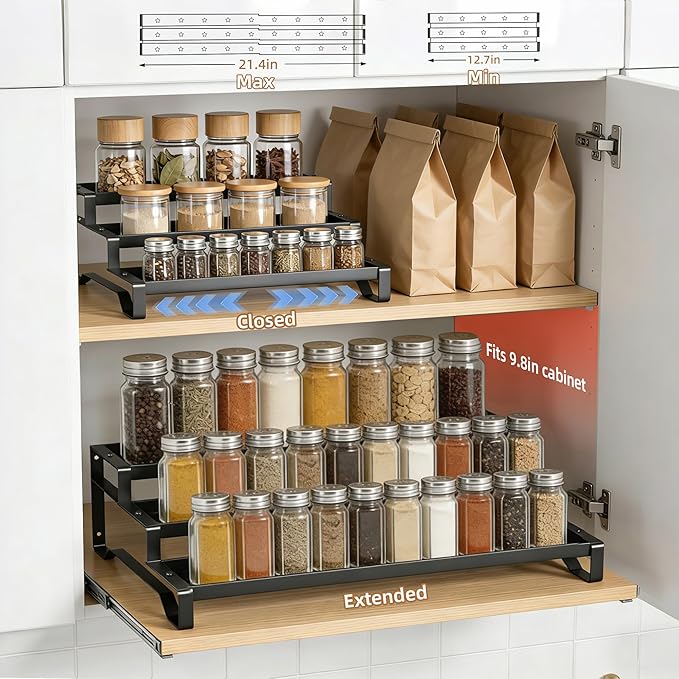 Expandable Spice Rack Organizer for Cabinet 3 Tier Spicy Shelf Black 1Pack | Adjustable Length 13"-21", Easy to See Labels, Sturdy Metal, Slip-Resistant Guardrails for Jars, Cabinet & Countertop Storage - Image 2