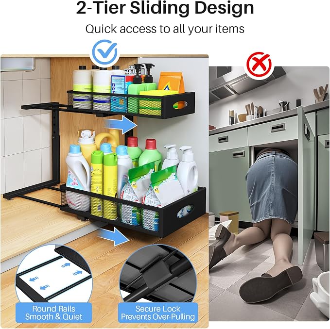 Under Sink Organizer, 2 Pack 2 Tier Pull Out Under Cabinet Organizer Shelf with Pad for Framed Cabinets, Metal Slide Out Under Sink Storage, Mesh Sliding Drawers for Kitchen Bathroom Laundry, Black - Image 5