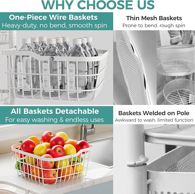 5 Tier Rotating Kitchen Storage Cart, Fruit Vegetable Potato Rack Stand | Patented Swivel Part Spin Smoothly Even Full. Rustproof. One-Piece Wire Bin Prevent Sagging. Keep Onion, Veggie, Spices Fresh - Image 3