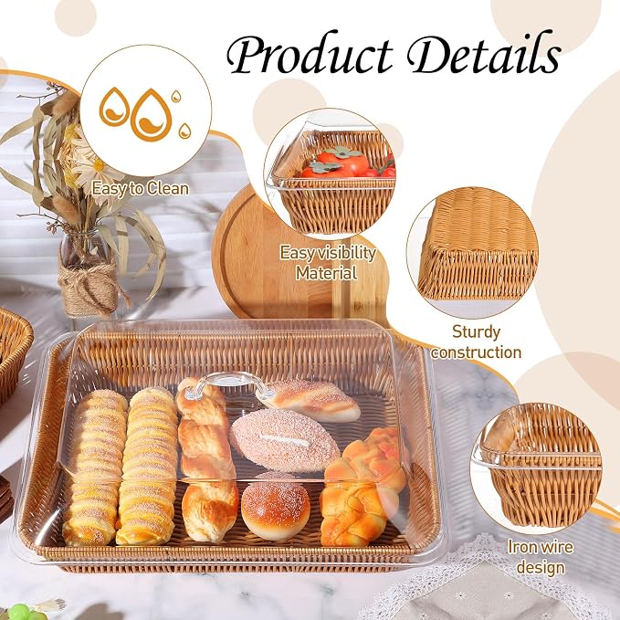2 Set Wicker Bread Basket for Serving with Acrylic Lid Cover Imitation Rattan Bread Basket Woven for Fruit Summer Picnic BBQ Pool Party Outdoor Housewarming Gift(15.75" X 11.81",13.78" X 9.84") - Image 3