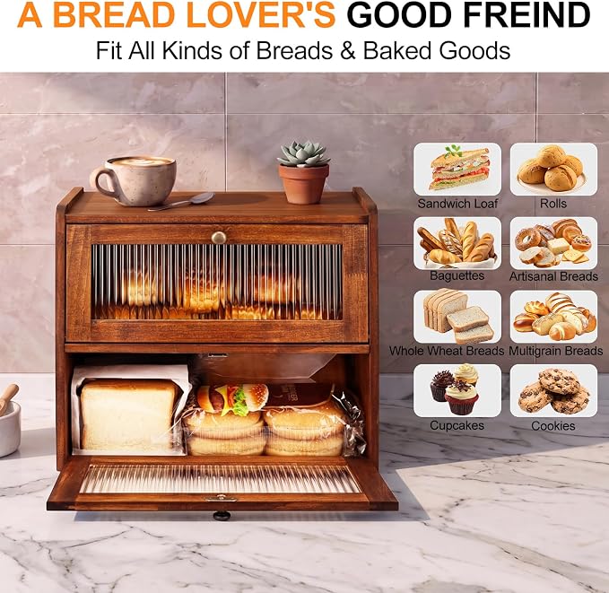 Alpeir Wooden Bread Box for Kitchen Countertop, Large Double Layer, Brown | Food-Safe Pine Wood, Double-Row Ventilation, Strong Acrylic Window, Raised Top Shelf, Easy Care, Farmhouse Corner Container - Image 6