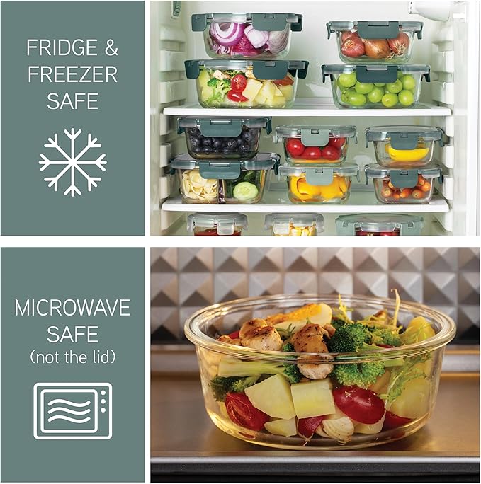 COOK WITH COLOR Premium 32-Pc. Borosilicate Glass Food Container Set with Dividers - 4 Rectangles, 8 Rounds, 4 Squares - Leakproof Lids - Meal Prep, Storage, Ombre Green - Image 4