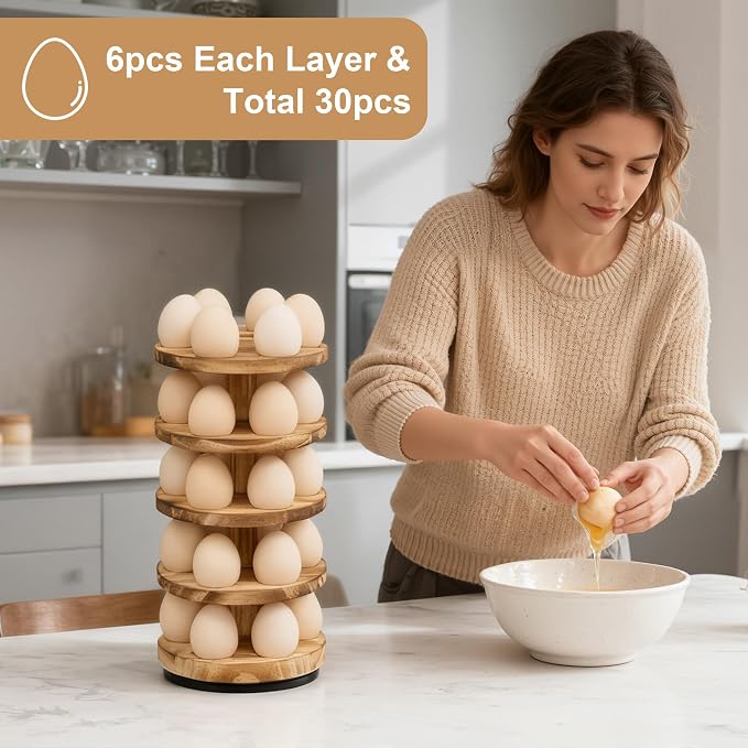 Wooden Egg Holder Countertop, Rotating Countertop Egg Holder | 5 layer countertop egg holder for fresh eggs, stackable with 30 eggs for countertop kitchen, pine - Image 5