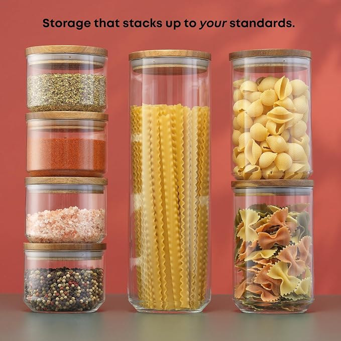 JoyJolt Holden 7-Piece Stackable Glass Storage Containers with Lids, Airtight Food Canister Set with Acacia Wood Lids, Round Stacking Pantry and Kitchen Containers for Pasta, Flour, Sugar, Coffee - Image 2