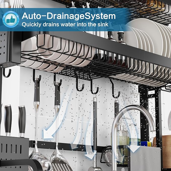 LIVOD Over The Sink Dish Drying Rack,3 Tier Adjustable Length Full Stainless Steel Large Storage Kitchen Dish Rack,for Kitchen Counter Expandable Multifunctional Organizers,Silver(25.5'' to 37.4'') - Image 3