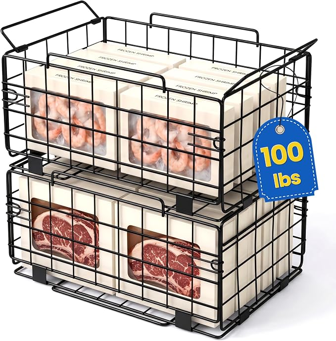 Reinforced Freezer Organizer Bins, 2 Pack Heavy Duty Metal Freezer Baskets, Stackable Deep Freezer Storage with Handles, Maximize Chest Freezer Space, No Assembly Required by LeaforyHome