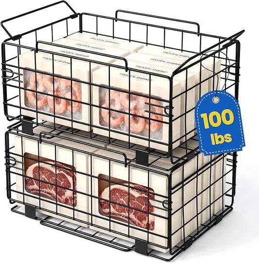 Reinforced Freezer Organizer Bins, 2 Pack Heavy Duty Metal Freezer Baskets, Stackable Deep Freezer Storage with Handles, Maximize Chest Freezer Space, No Assembly Required by LeaforyHome