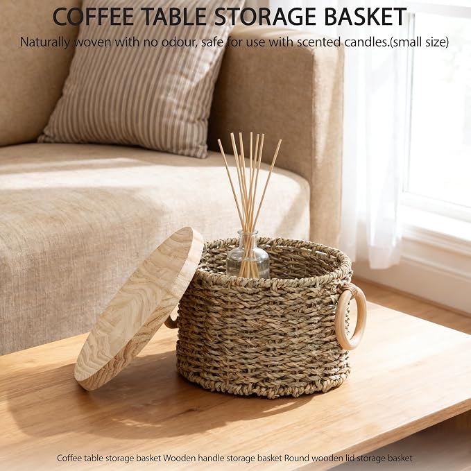Woven Seagrass Storage Basket Set of 2 with Lids | Stackable Rectangular Baskets,Decorative Natural Storage for Organization, Home, Closet, Desktop & Shelves - Image 4