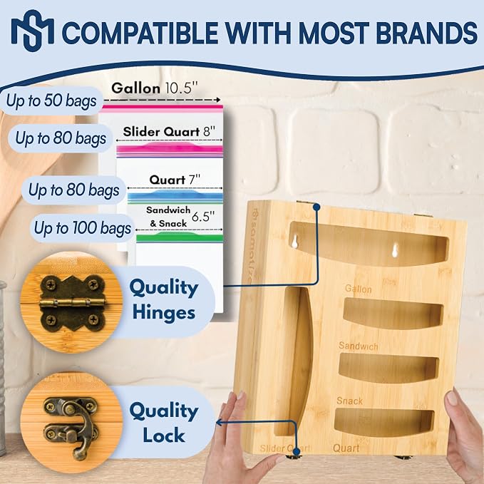 Storage Bag Holder, Baggie Organizer for Drawer or Wall Mount, Compatible with Gallon, Quart, Sandwich, Snack Size Bags, 1 Box 5 Slots, Bamboo Drawer Organizer, Baggie Holder - Image 2