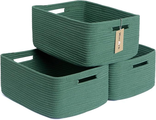 MiniArk Large Storage Baskets for Shelves, 17 x 13 x 7.5” Closet Organizers Bins for Clothes Blanket Towels, Baby Nursery, Toy Baskets Box, Woven Rope Baskets, 3 Packs Green by MiniArkStorageBasketsHome