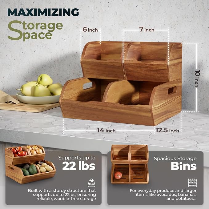 Acacia Wood Pantry Storage Bins - Stackable Open Front Kitchen Baskets for Potato, Onion, Fruit, Vegetable, and Bread Storage, Wood Organizer for Pantry (Warm Acacia) - Image 2