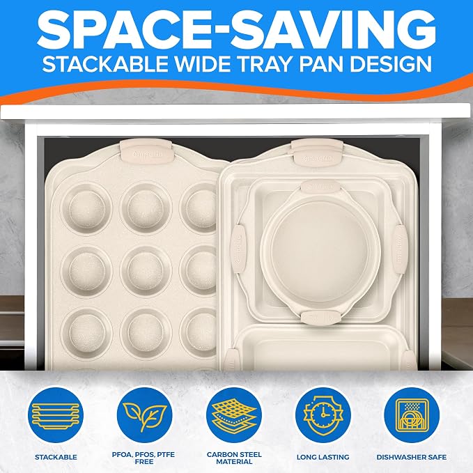 Emporio Kitchen Baking Pan Set - Nonstick Coating, Carbon Steel Bakeware Set with White Silicone Handle, PFOA, PFOS, PTFE Free, Recipe Booklet Included, Oven Safe Tray (Up To 450° F) Set of 25 - White - Image 5