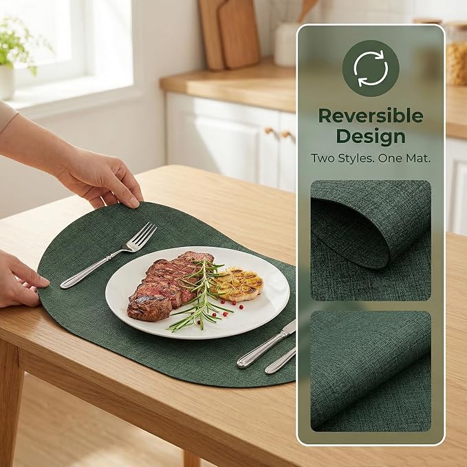 Placemats Set of 6 - Washable Heat Resistant Table Placemats - Wipeable Faux Leather Oval Place Mats, Waterproof Table Mats for Dining Table, Green - Image 3