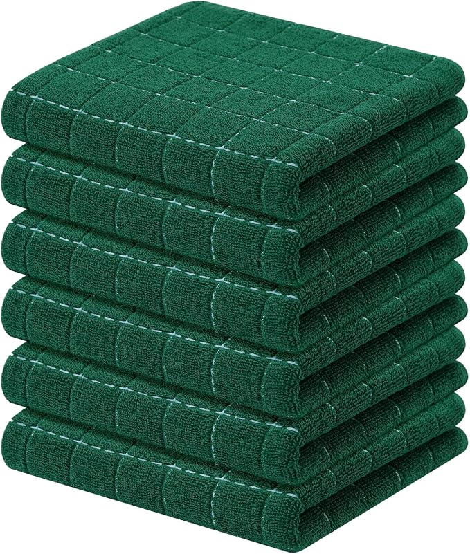 Kitinjoy 100% Cotton Terry Kitchen Towels, 13”x 28”, 6-Pack, Dark Green | Checkered Designed, Ultra Soft Absorbent Quick Drying Dish Towels by Kitinjoy