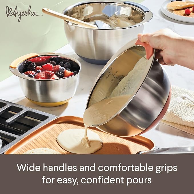 Ayesha Curry Kitchenware Pantryware Stainless Steel Nesting Mixing Bowls, 3-Piece Set, Silver with Color Accent Handles - Image 5