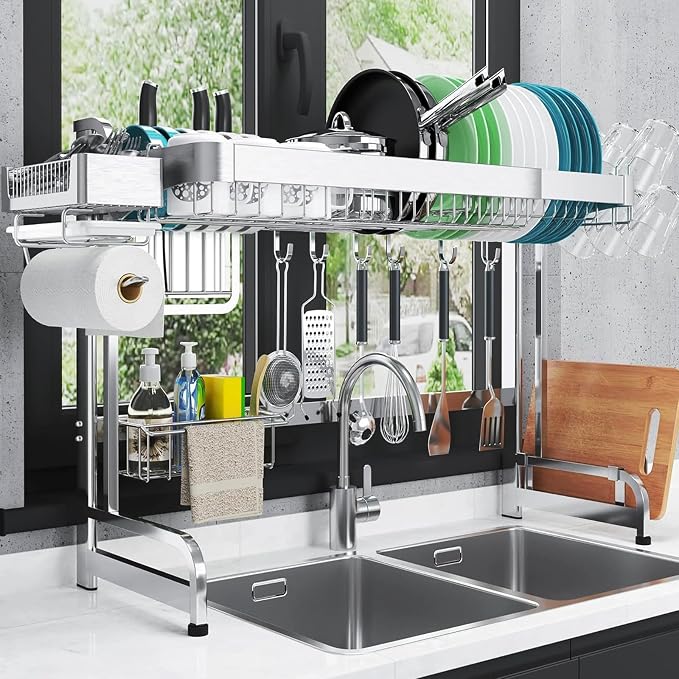 LIVOD Over The Sink Dish Drainer Drying Rack, 2 Tier Full Stainless Steel Storage Adjustable Length Kitchen Rack, Multifunctional Expandable Counter Organizer, Space Saver Dish Rack by LIVOD