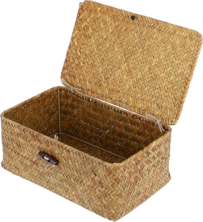 Hipiwe Small Woven Shelf Baskets Bin with Lid Seagrass Wicker Storage Box | Handmade Seagrass Basket Organizer Rectangular Household Basket Boxes for Shelf Wardrobe Home Decor, Caramel by Hipiwe