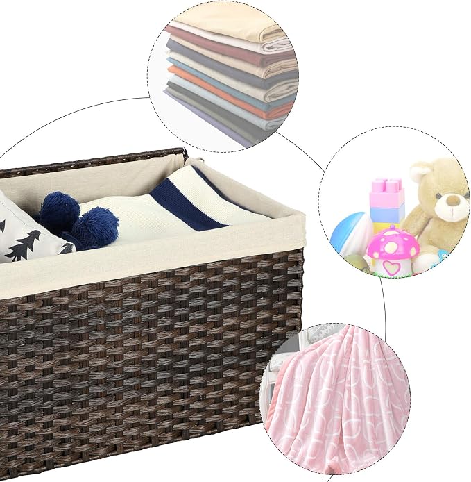 SONGMICS Storage Basket with Lid, Woven Blanket Storage Bin with Handles, Foldable, Removable Liner, Metal Frame, for Bedroom, Laundry Room, 17.2 Gallons (65 L), Brown URST56BR - Image 8