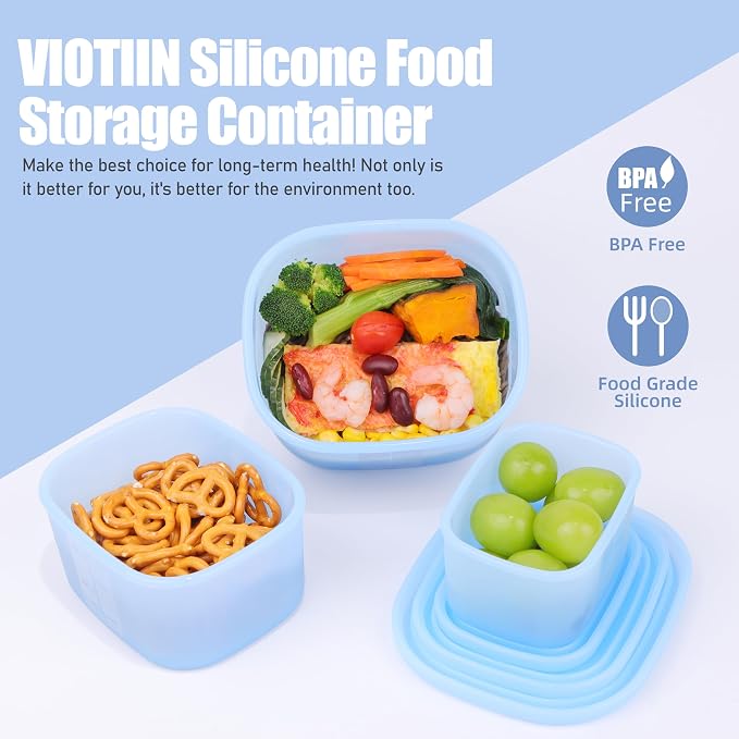 Silicone Food Storage Containers with Airtight Lids, Set of 6, 8oz + 16oz + 24oz, Nesting Meal Prep Container for Lunch, Leftovers, Fruits, Dishwasher & Microwave & Freezer Safe, Green + Blue - Image 2
