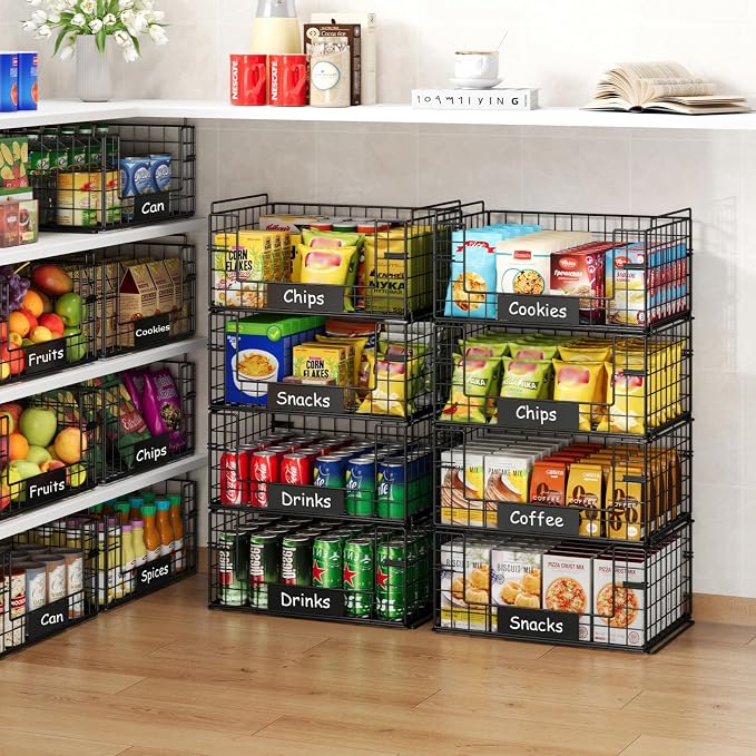JKsmart 4 Pack XXL Stackable Wire Baskets for Pantry Organizers and Storage | Vegetable and Fruit Basket with Name Plates & Handles, Kitchen Pantry Organizer for Snack Can Fruit Veggies - Image 4